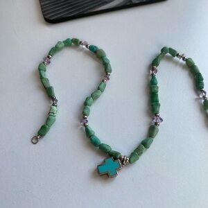 Sterling Silver Turquiose nugget and Amethyt  Beaded Necklace with Cross Pendant